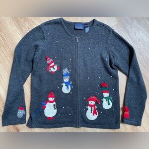 Vintage Christmas sweater Crazy Horse zip cardigan navy snowman not ugly medium